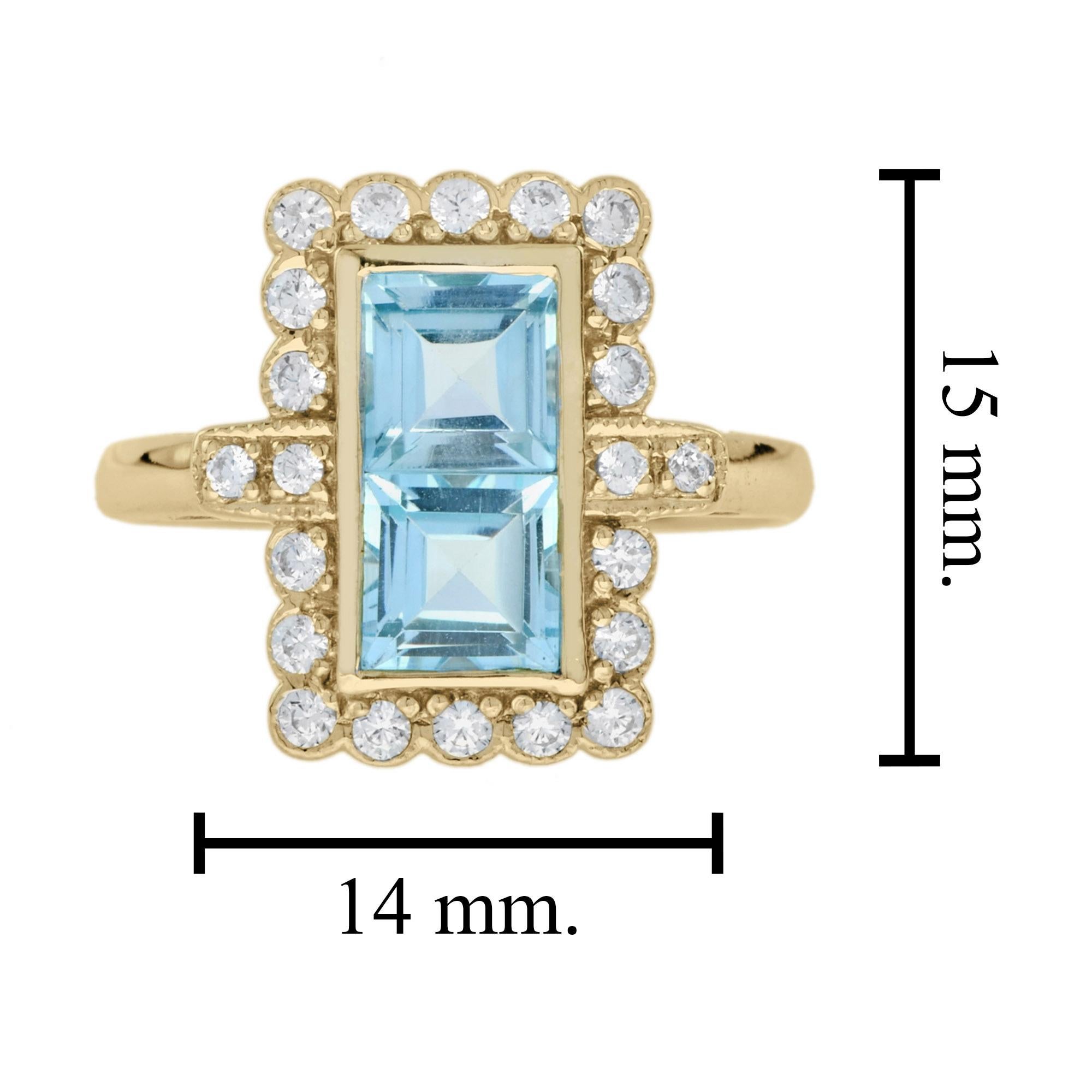 Bague de style vintage en or jaune 14 carats avec double topaze bleue et halo de diamants Pour femmes en vente