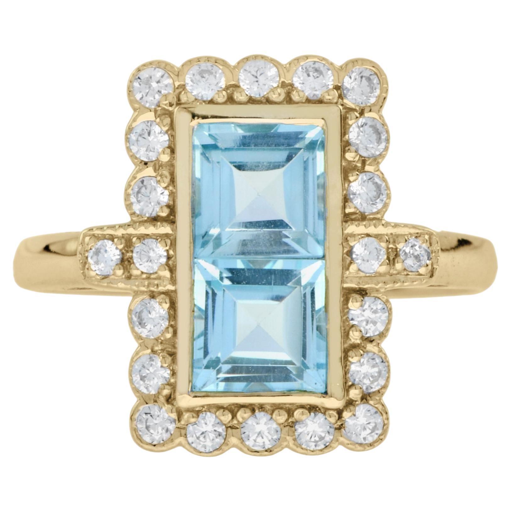 Vintage-Ring aus 14 Karat Gelbgold mit doppeltem blauem Topas und Diamant-Halo im Vintage-Stil