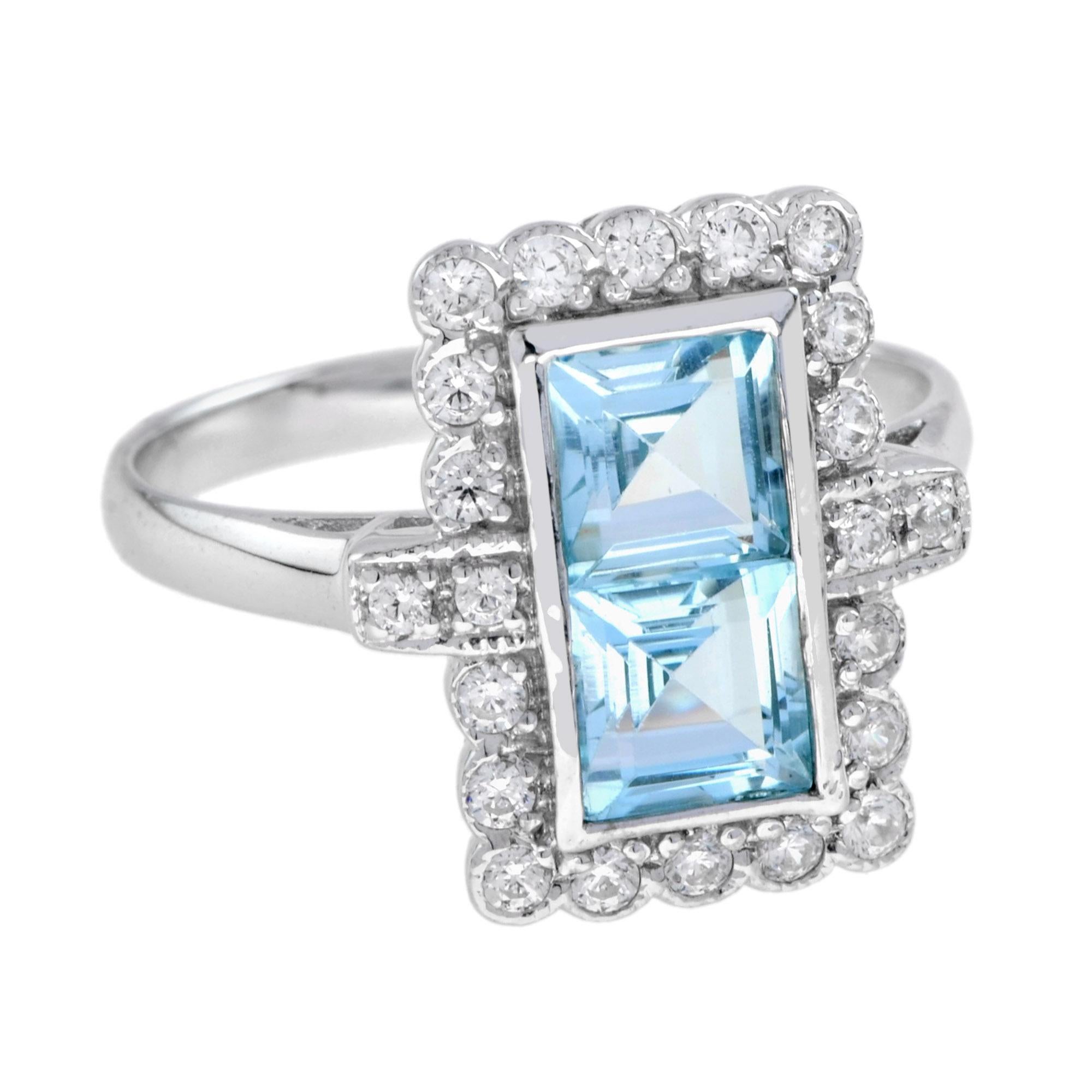 This beautiful Vintage inspired blue topaz ring is centered with two square cut blue topaz and accented with sparkling diamond halo. The ring is craft of gold. Adorn yourself with this blue color jewelry. 14K White Gold. 
Ring Information
Style: Art