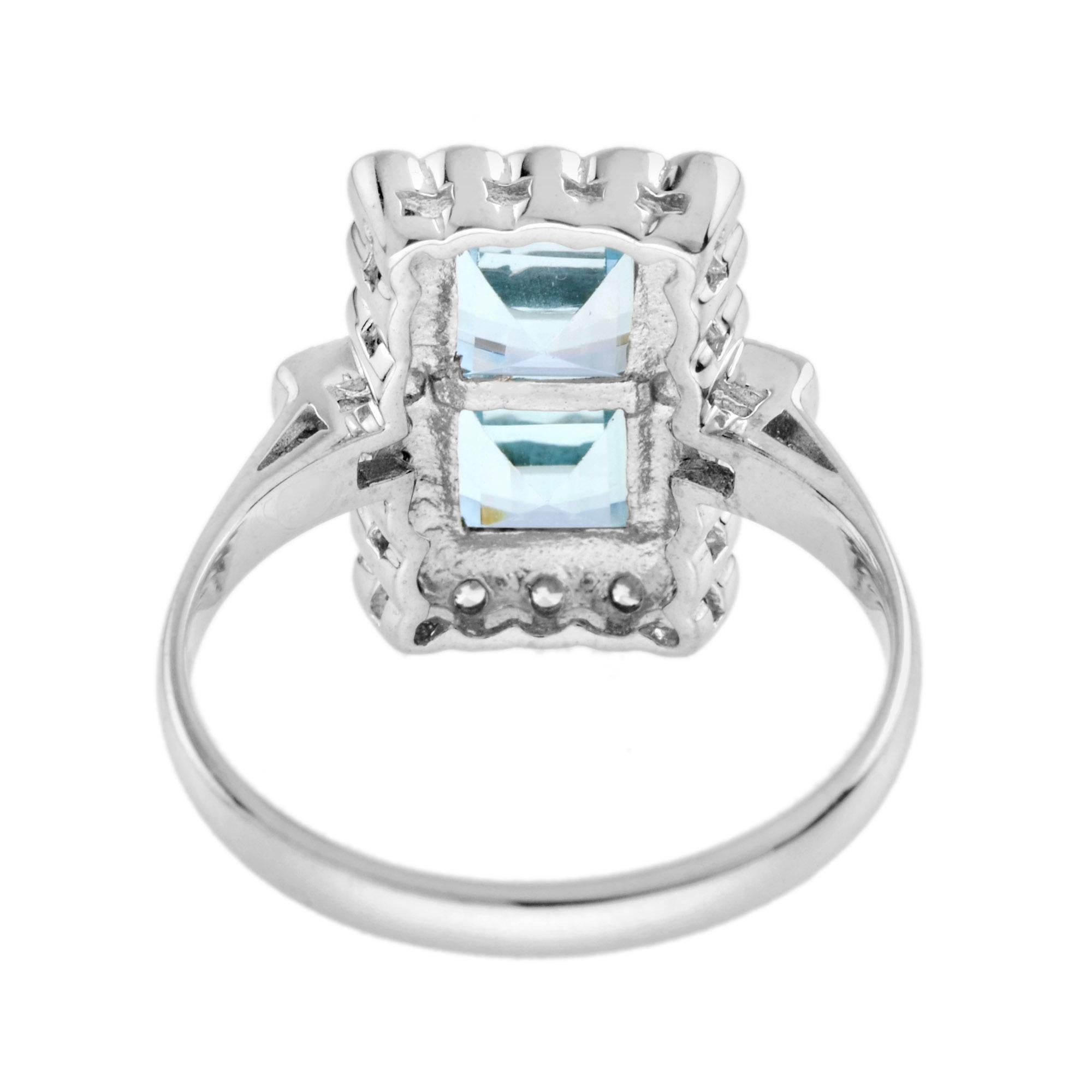 Square Cut Vintage Style Double Princess Blue Topaz & Diamond Halo 14K White Gold Ring For Sale