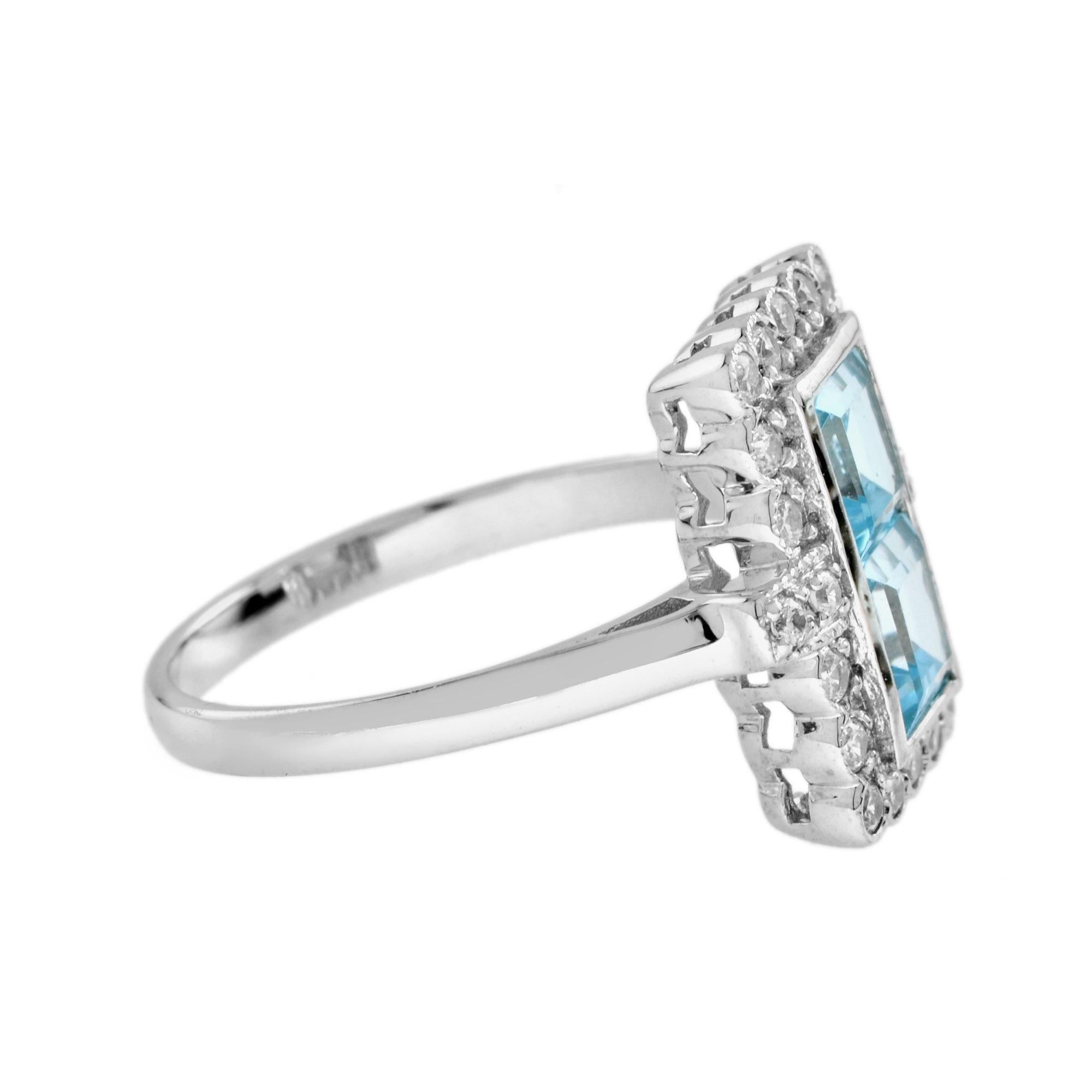 Vintage Style Double Princess Blue Topaz & Diamond Halo 14K White Gold Ring In New Condition For Sale In Oakton, VA