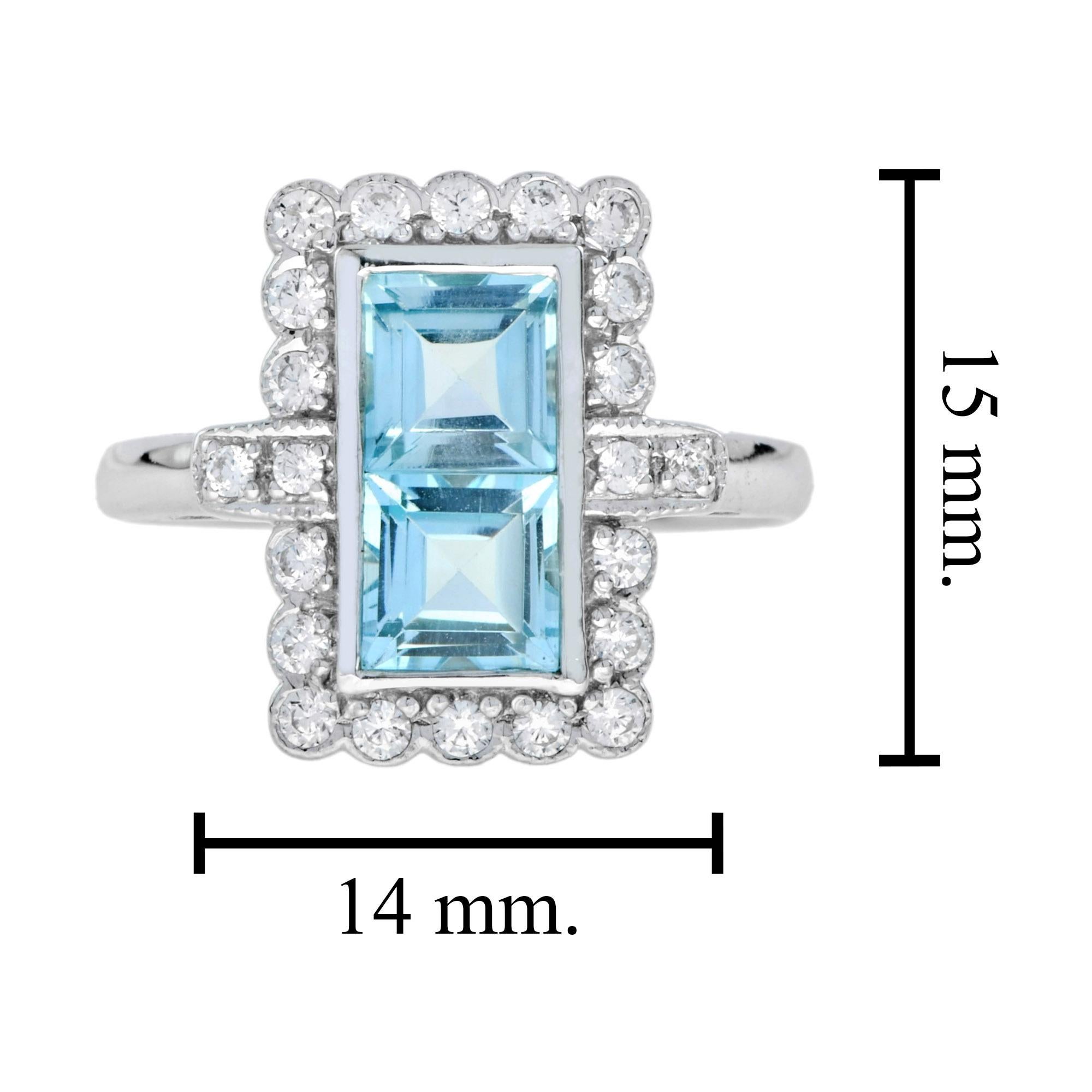 Vintage Style Double Princess Blue Topaz & Diamond Halo 14K White Gold Ring For Sale 1