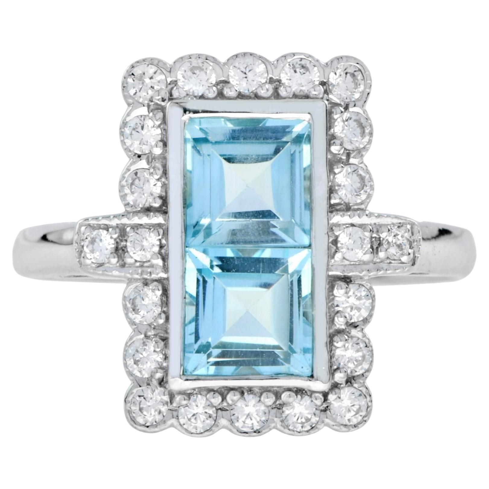 Vintage Style Double Princess Blue Topaz & Diamond Halo 14K White Gold Ring For Sale