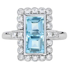 Vintage Style Double Princess Blue Topaz & Diamond Halo 14K White Gold Ring
