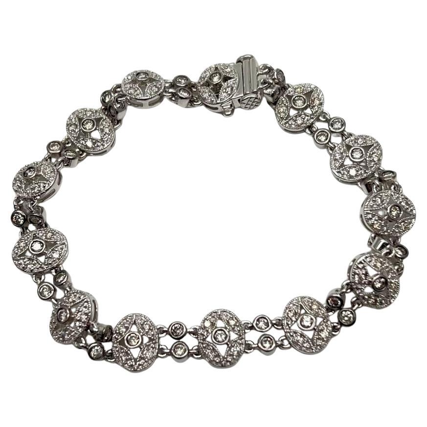 Vintage Style Edwardian Diamond Filigree 14K White Gold Statement Bracelet