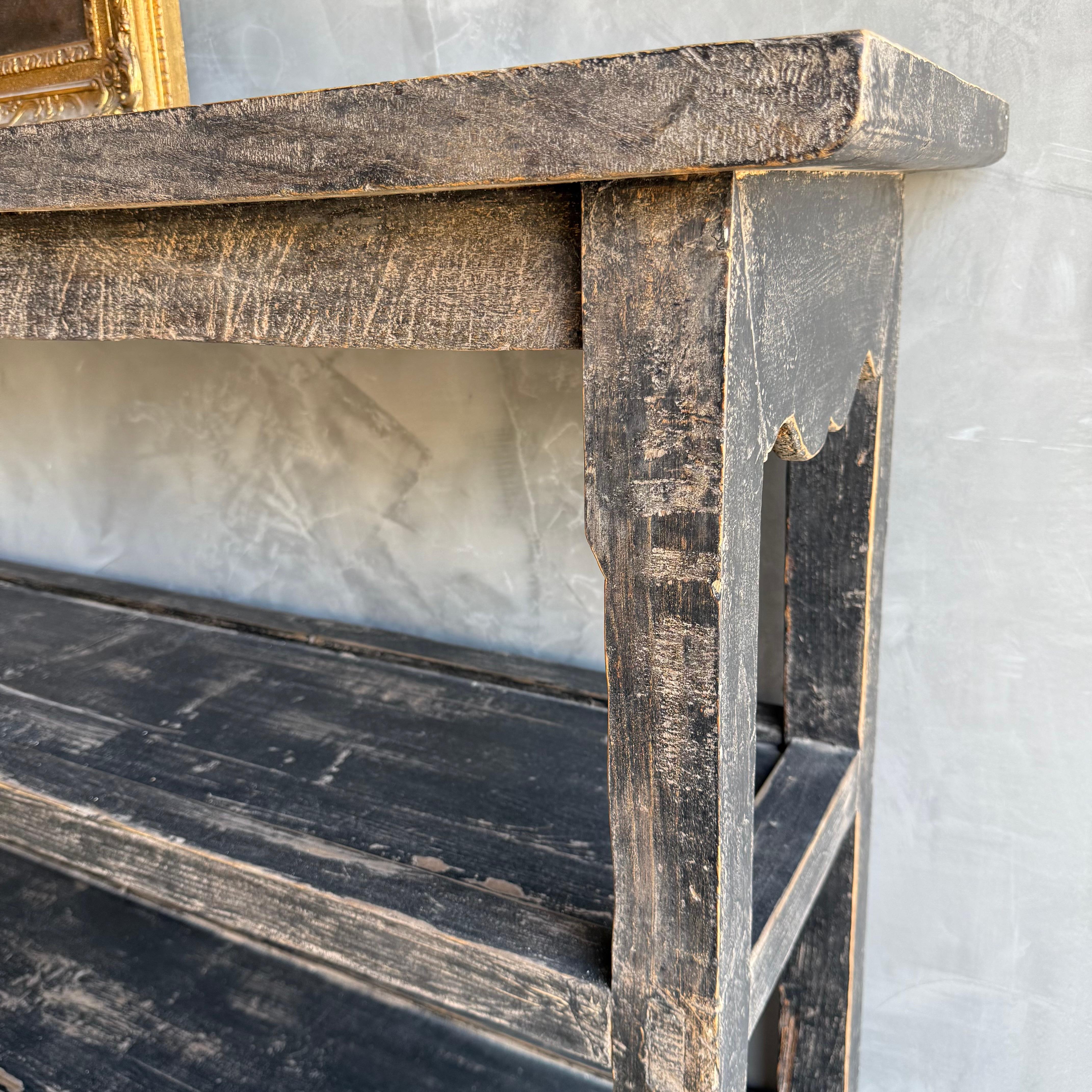 Vintage Style Elm Wood Black Painted Extra Long Console with Shelves For Sale 5