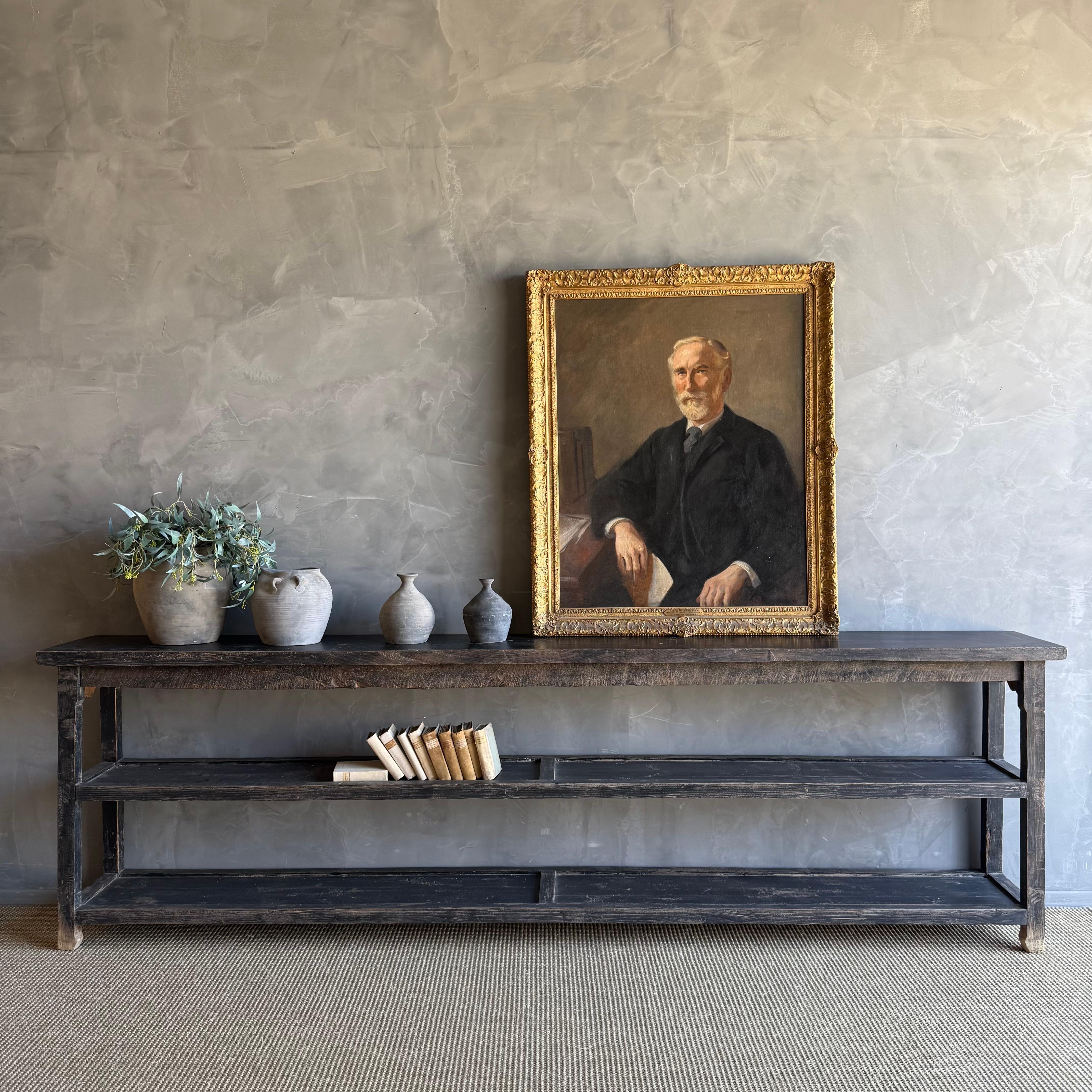 Vintage style elm wood console with faded black painted finish.
Very solid and sturdy ready for everyday use.
Size 118.5
