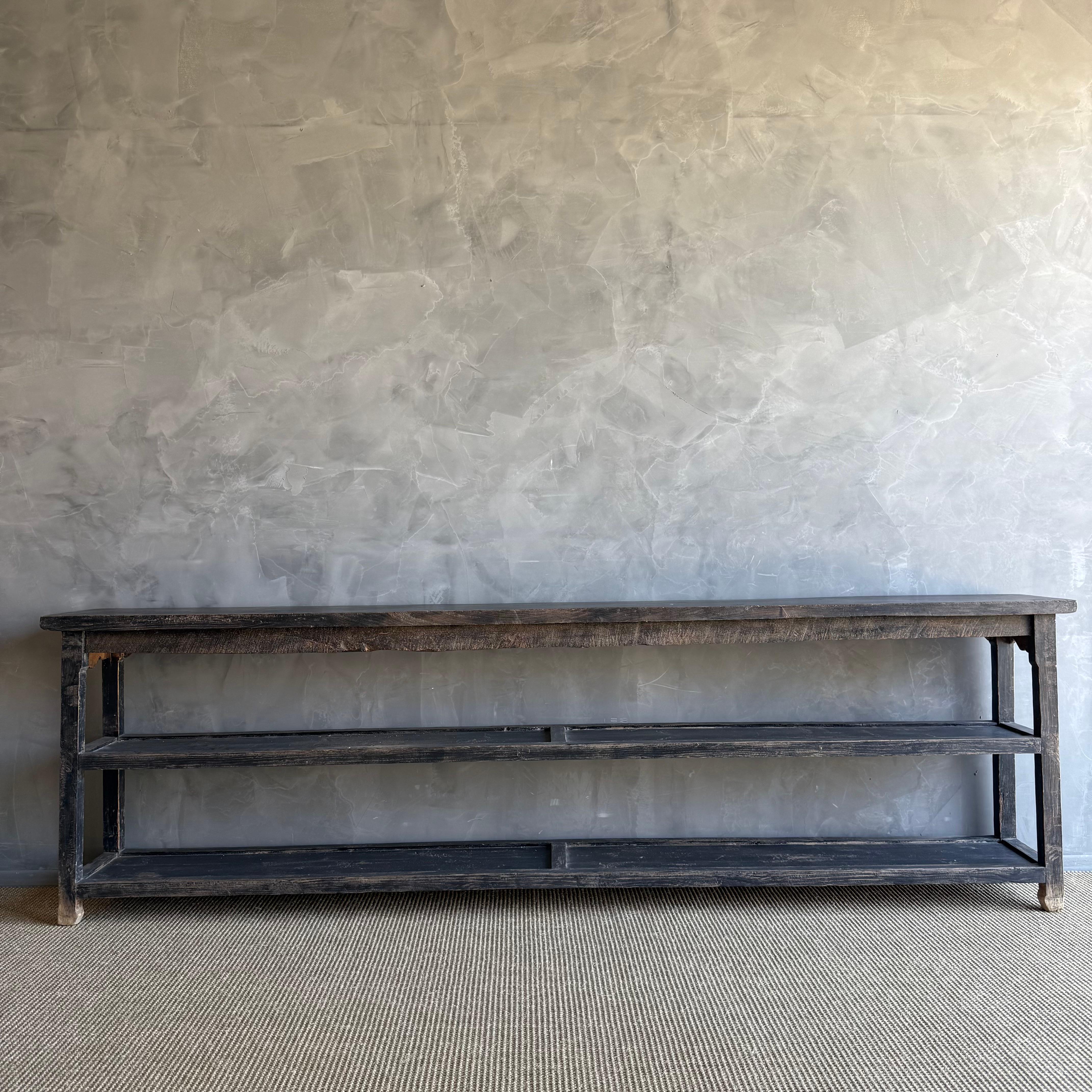Organic Modern Vintage Style Elm Wood Black Painted Extra Long Console with Shelves For Sale