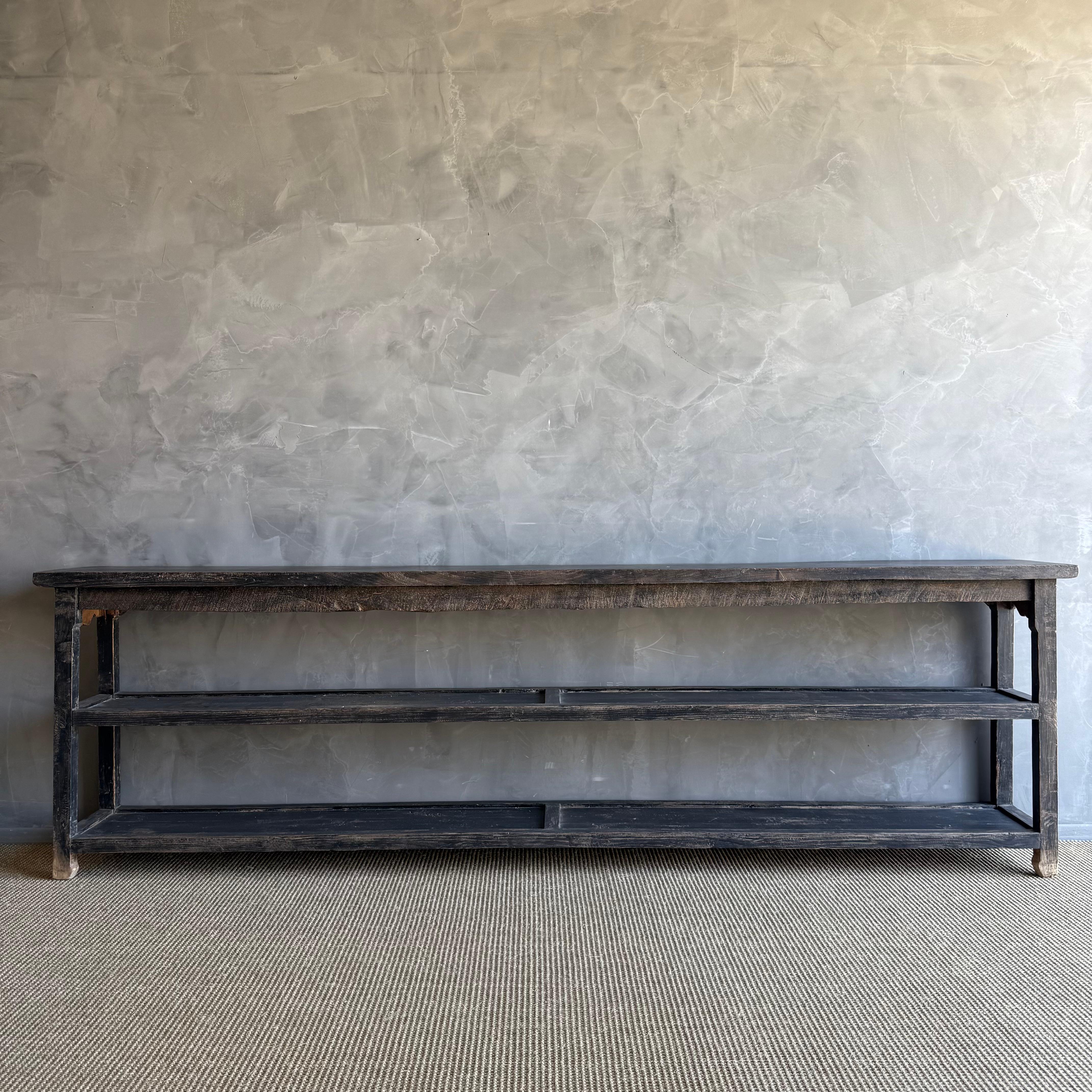 Vintage Style Elm Wood Black Painted Extra Long Console with Shelves In New Condition For Sale In Old Town Orange, CA
