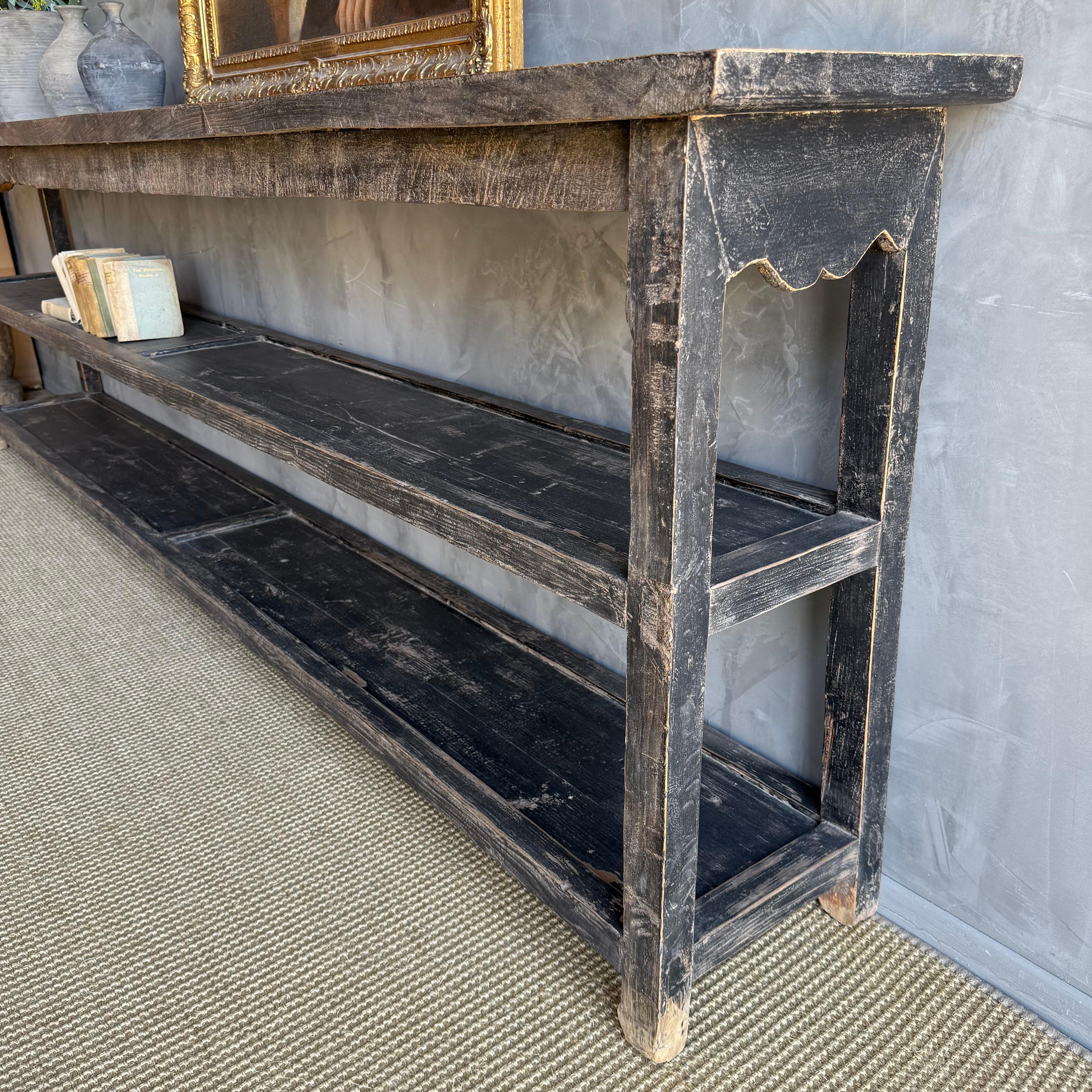 Vintage Style Elm Wood Black Painted Extra Long Console with Shelves For Sale 1