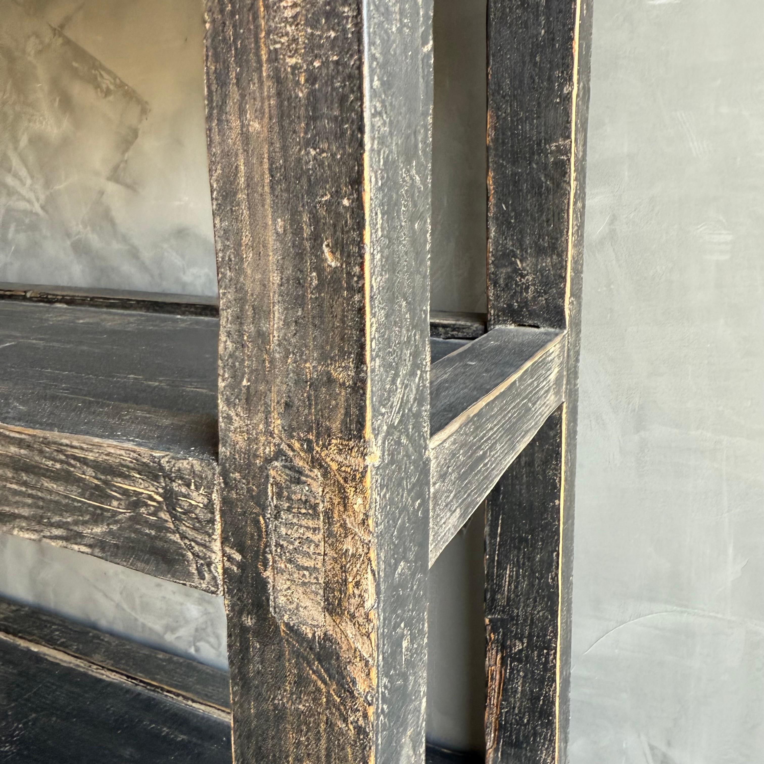 Vintage Style Elm Wood Black Painted Extra Long Console with Shelves For Sale 4