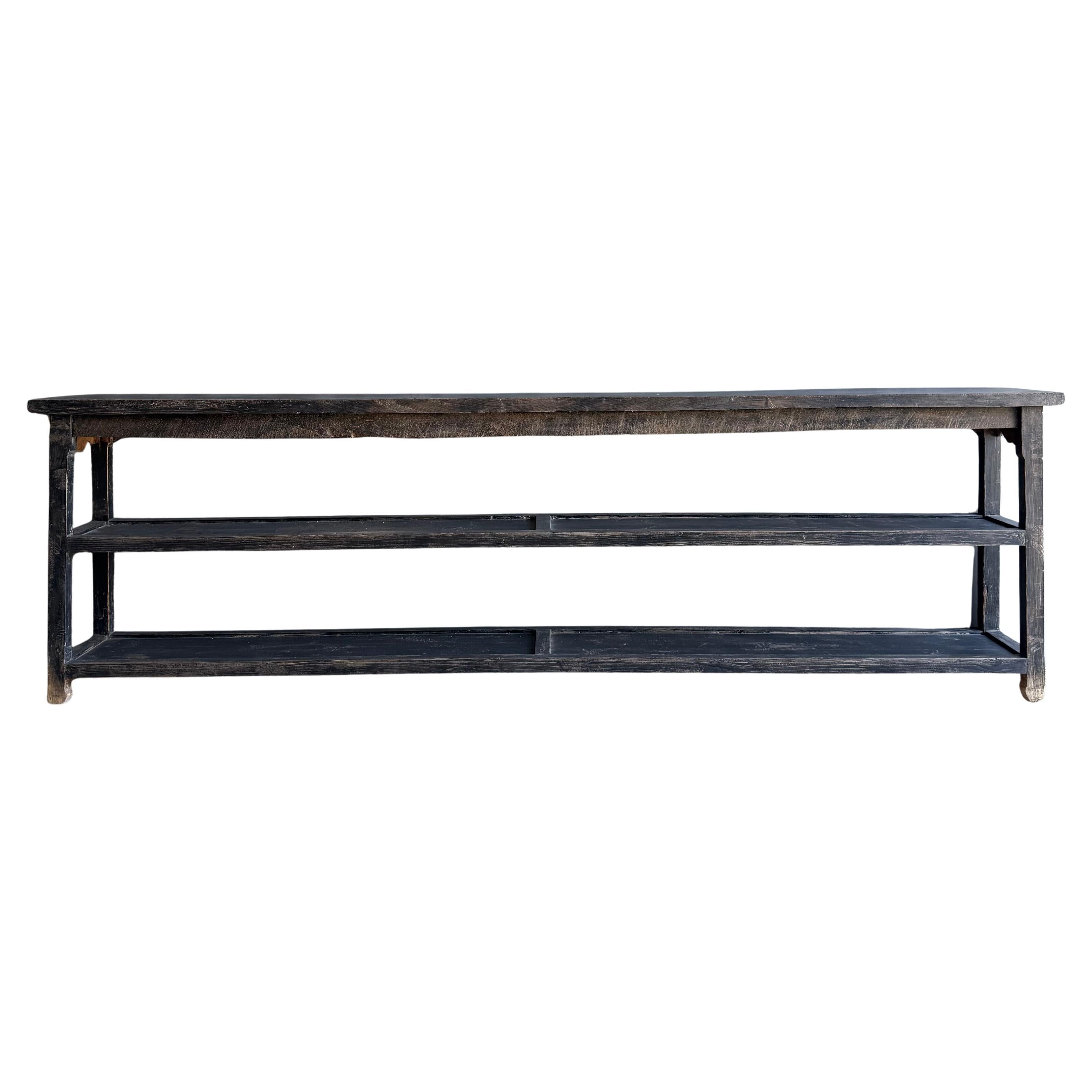 Vintage Style Elm Wood Black Painted Extra Long Console with Shelves For Sale