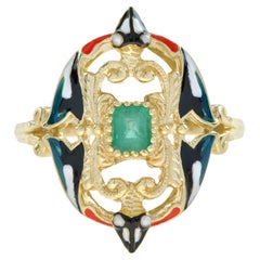 Vintage Style Emerald and Pearl with Enamel Cocktail Ring in 9K Yellow Gold