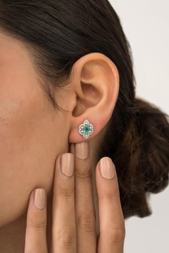 Vintage Style Emerald Diamond Floral Cluster Stud Earrings in 14K White Gold