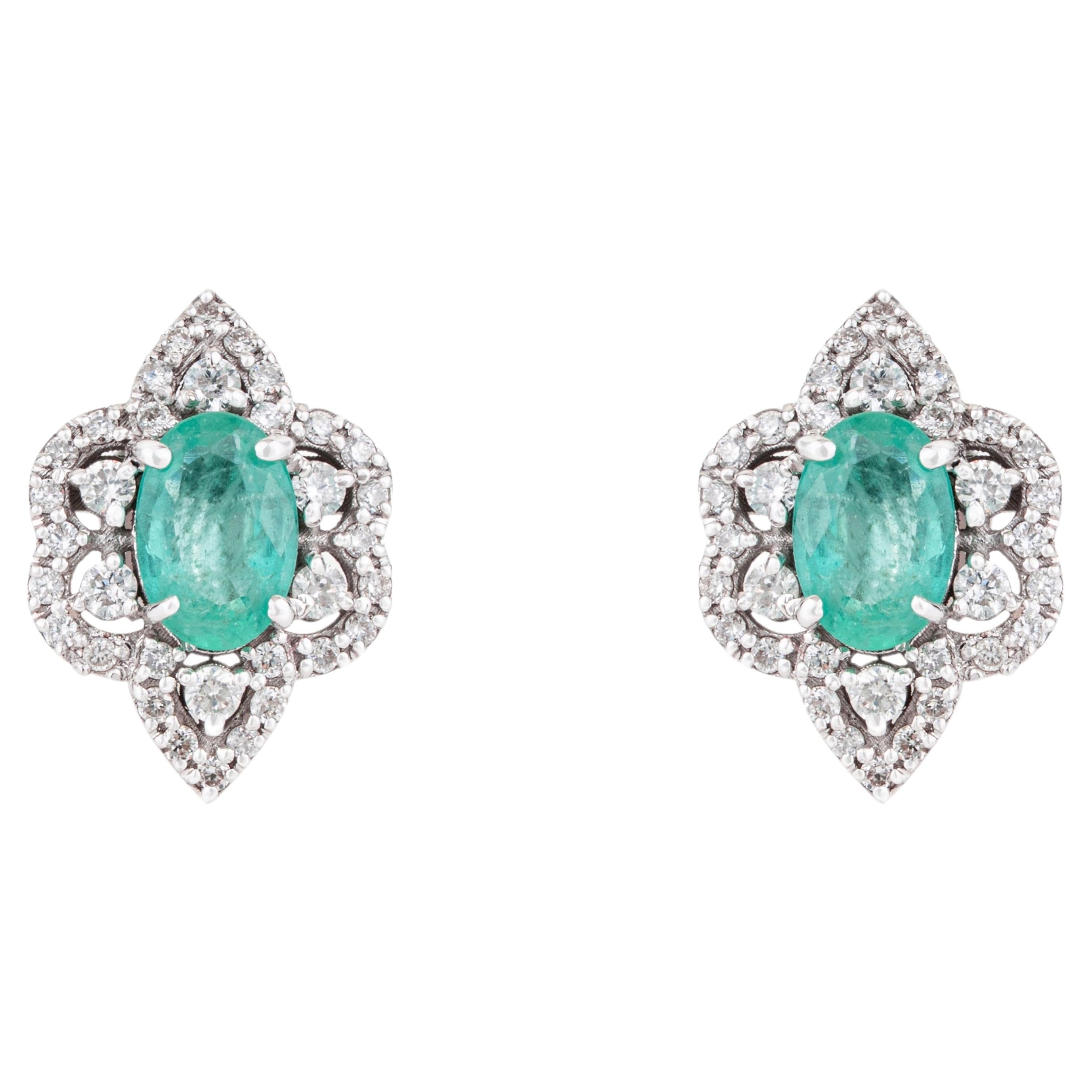 Vintage Style Emerald Diamond Floral Cluster Stud Earrings in 14K White Gold