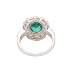 Vintage Style Emerald & Diamond Floral Cocktail Ring in 18k Solid White Gold