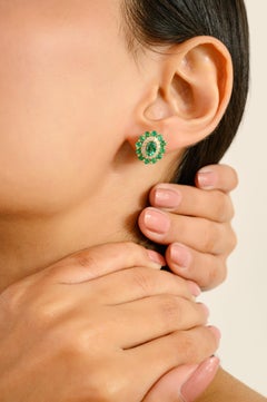 Vintage-Style Emerald & Diamond Floral Stud Earrings in 14k Yellow Gold Jewelry