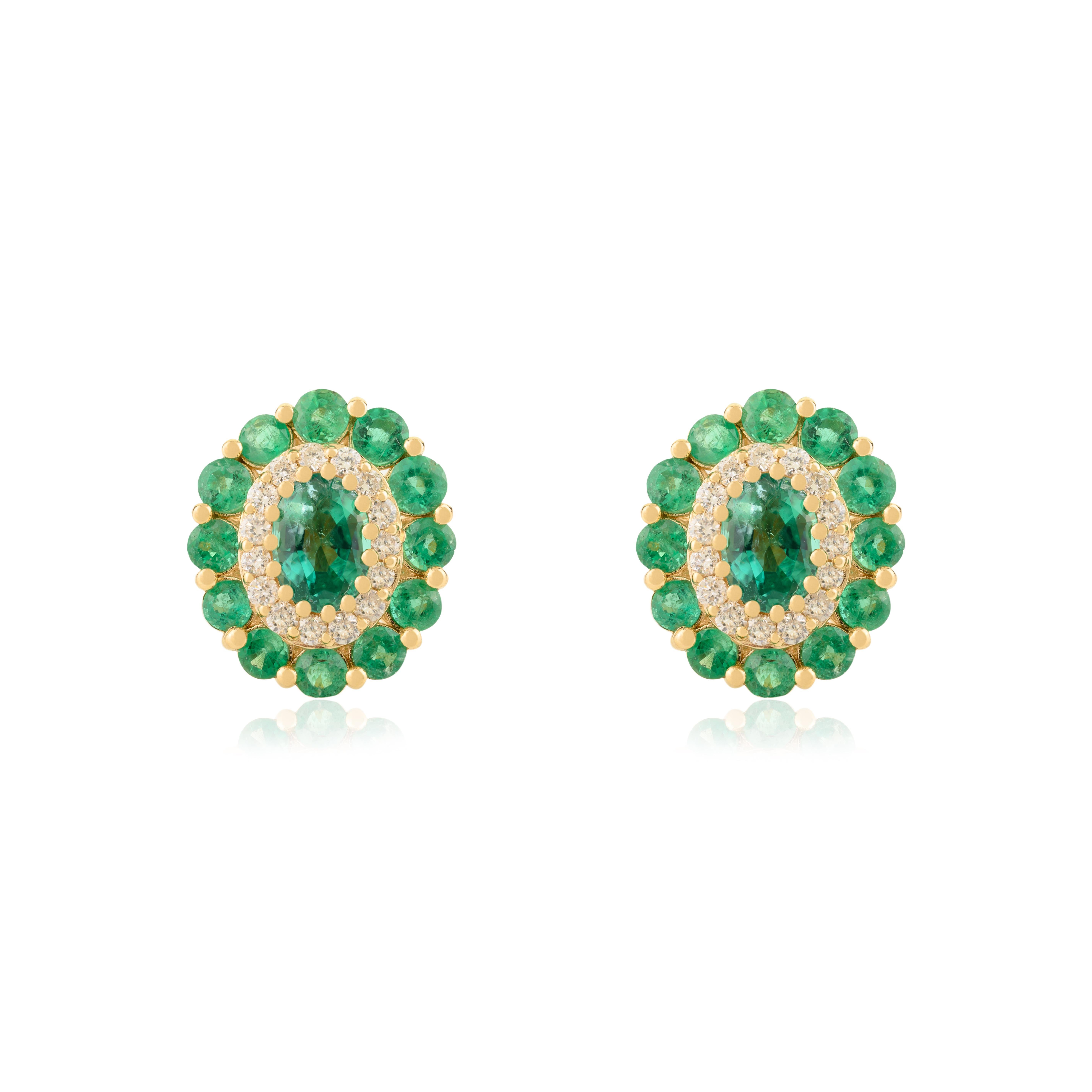 Vintage-Stil Smaragd & Diamond Floral Ohrstecker in 14k Gelbgold Schmuck im Angebot 1