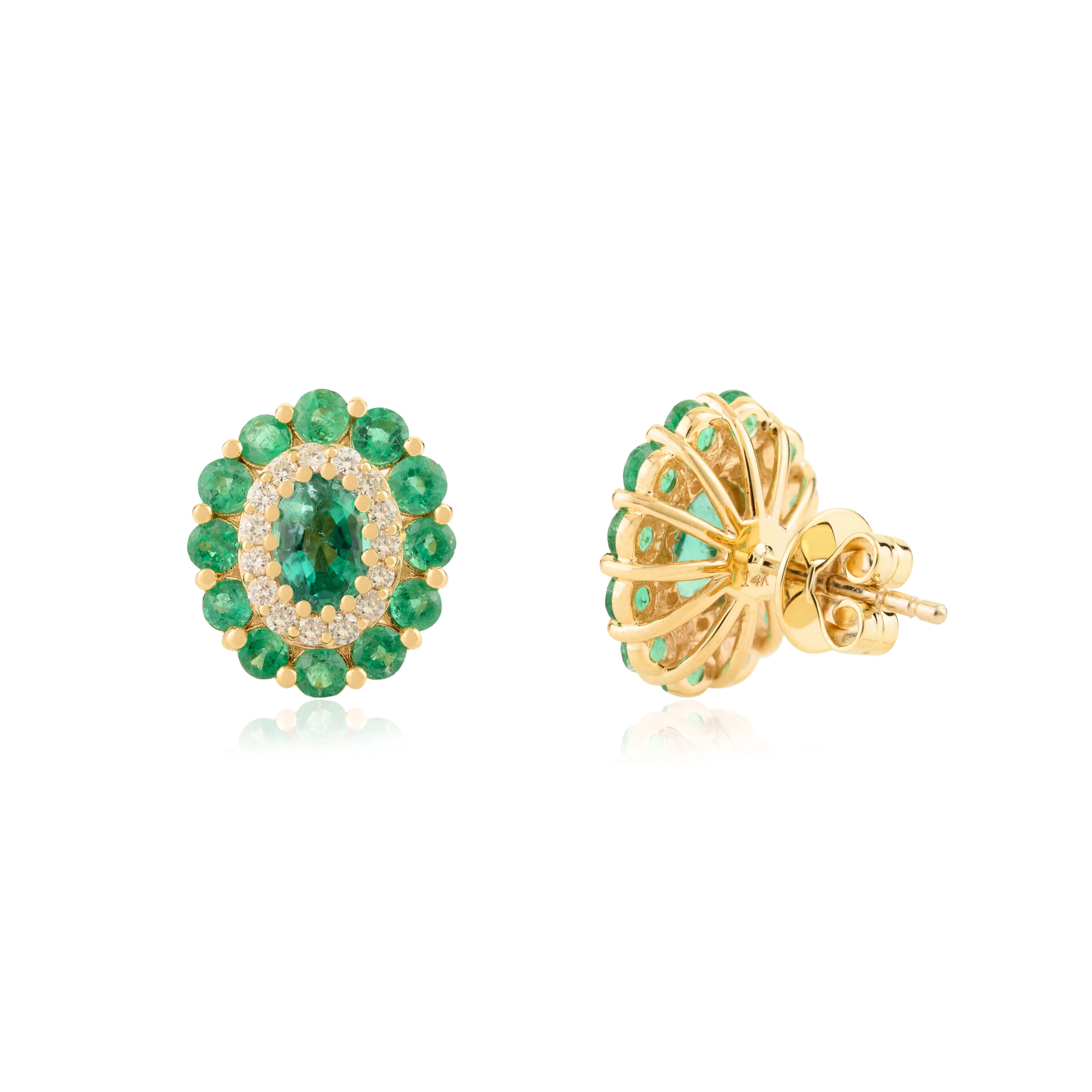 Vintage-Stil Smaragd & Diamond Floral Ohrstecker in 14k Gelbgold Schmuck im Angebot 3