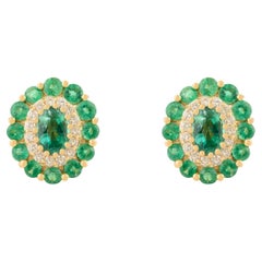 Vintage-Style Emerald & Diamond Floral Stud Earrings in 14k Yellow Gold Jewelry