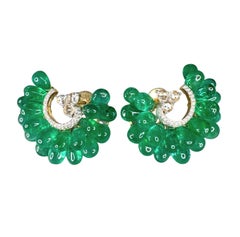 Vintage Style Emerald & Diamond Grape Bunch Drop Earrings 18K Yellow Gold
