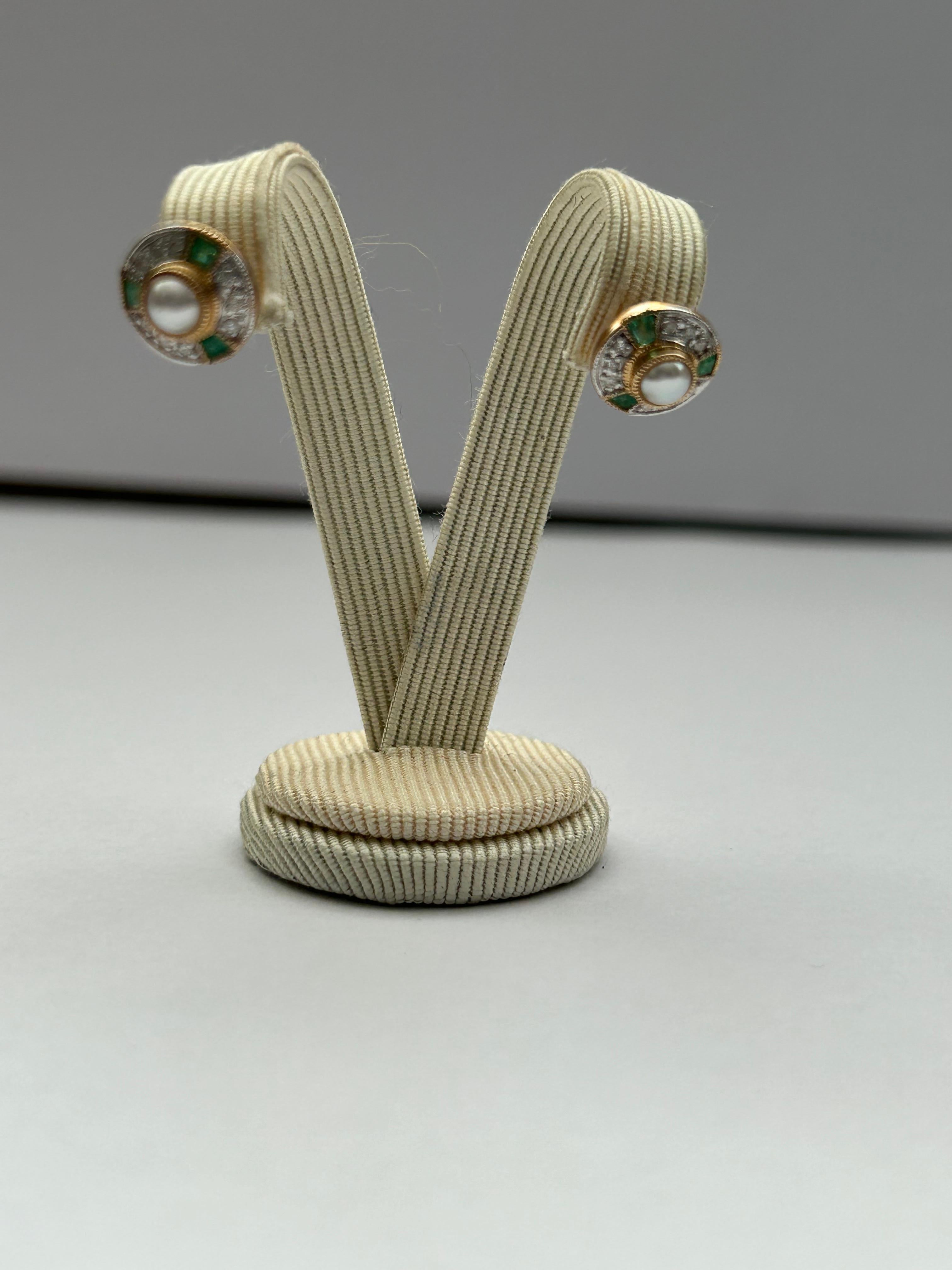 Vintage Style Emerald/Pearl/Diamond Stud Earrings. For Sale 1