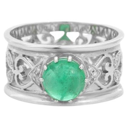 For Sale:  Vintage Style Emerald Unisex Wedding Band Ring Gift in 14k Solid White Gold