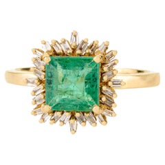 Vintage-Style Emerald with Baguette Diamonds Halo Ring in 18k Solid Yellow Gold