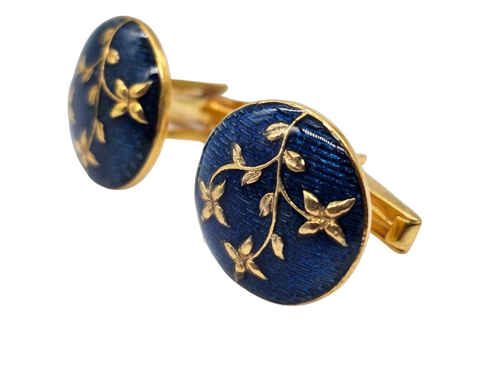 Artisan Vintage Style Enamel Gold Floral Cufflinks For Sale