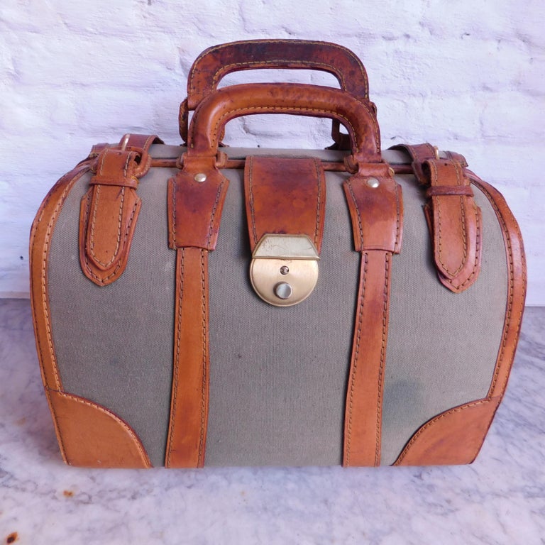 Vintage Style English Leather and Canvas Gladstone Satchel or Doctors Bag For Sale at 1stDibs