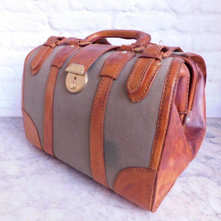 Vintage Style English Leather and Canvas Gladstone Satchel or Doctors Bag  For Sale at 1stDibs