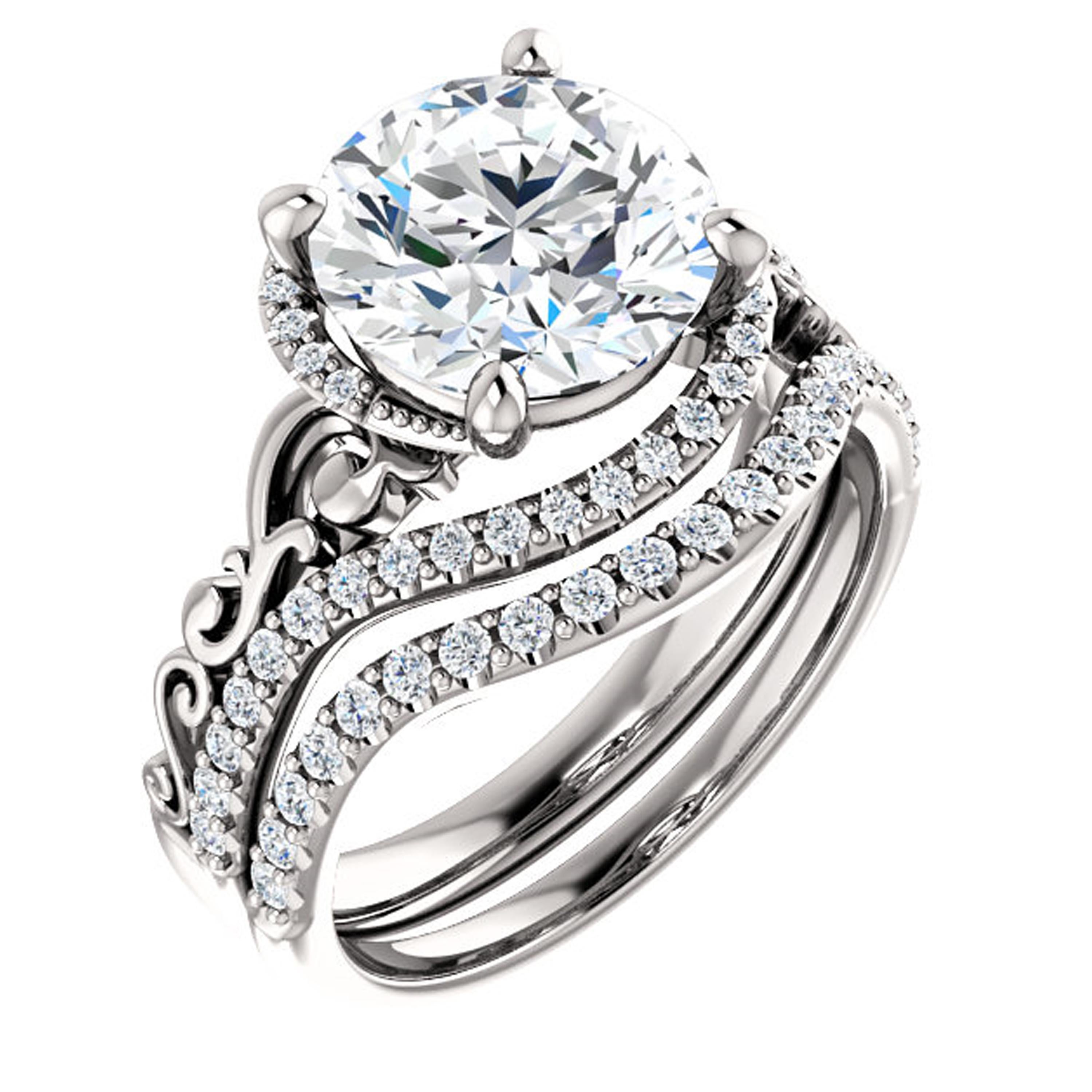 Showcasing a vintage style, adorable filigrees decorate the shank of this unique engagement ring. Lustrous white diamonds surround the halo, enhancing the GIA certified center diamond. Valorenna's high-polish strikes unmatched brilliance.
Matching