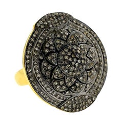 Bague ovale de style vintage à motif de fleurs avec diamants micro-pavés en or et argent