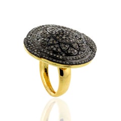 Vintage Style Flower Design Oval Ring with Micro Pave Diamonds in Gold & Silver