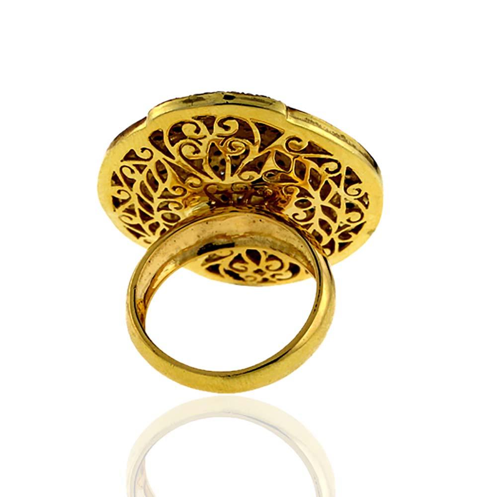 Victorian Vintage Style Flower Design Oval Ring with Micro Pave Diamonds in Gold & Silver For Sale