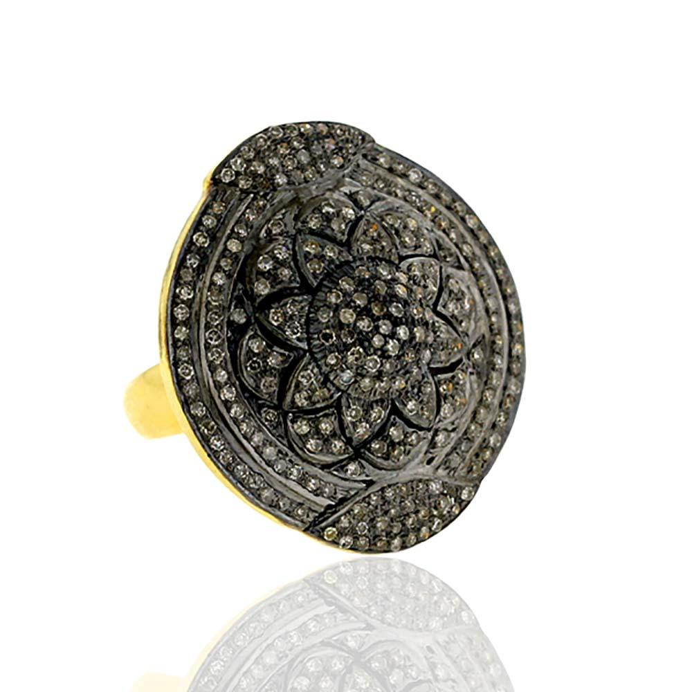 Round Cut Vintage Style Flower Design Oval Ring with Micro Pave Diamonds in Gold & Silver For Sale