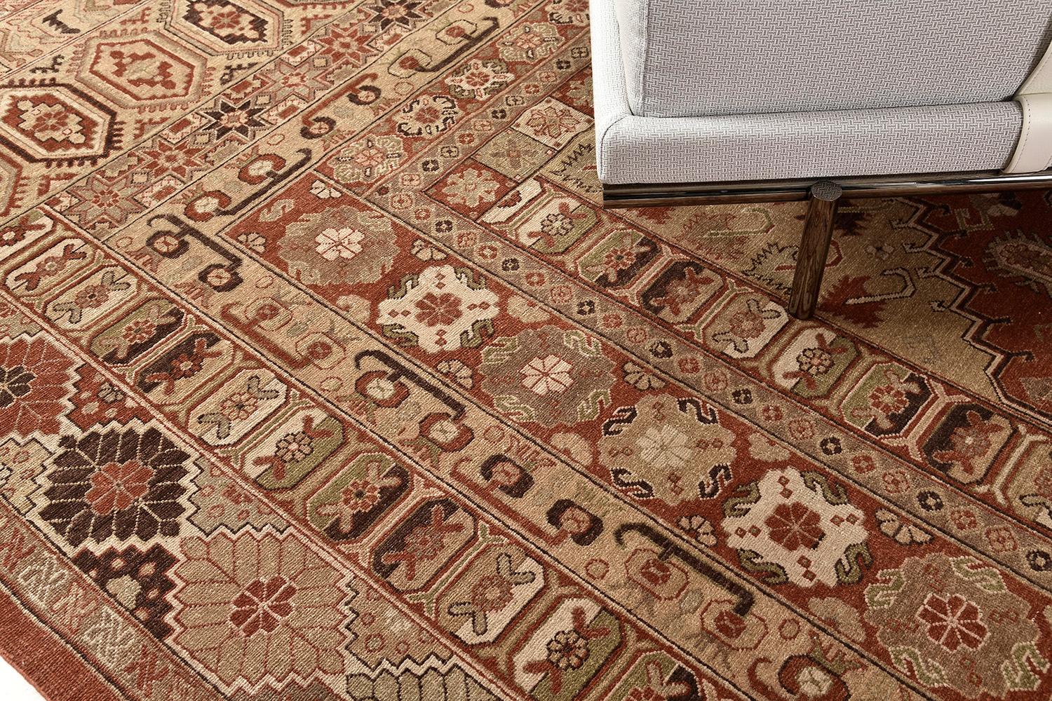 A stylishly luxurious hand-spun wool Gashgai style rug has immensely flexed its series of the band along the perimeter of emblems. It is surrounded by different kinds of intricate symbols and geometric motifs. The neutral color scheme is perfect for