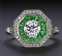 Vintage-Style GIA Certified Diamond Emerald 14K White Gold Ring