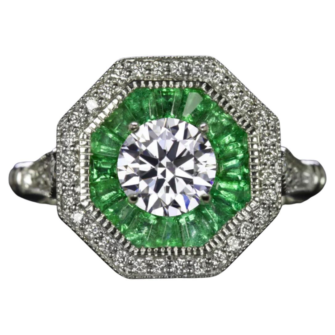 Vintage-Style GIA Certified Diamond Emerald 14K White Gold Ring