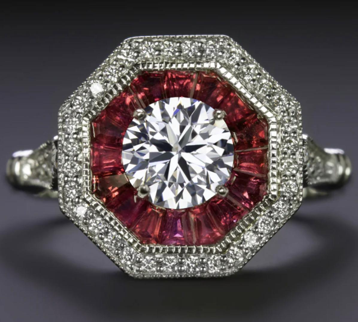 Round Cut Vintage-Style GIA Certified Diamond & Ruby Ring in 14K White Gold For Sale