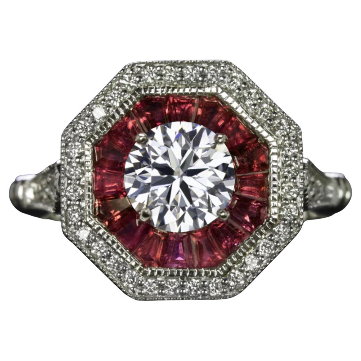 Vintage-Style GIA Certified Diamond & Ruby Ring in 14K White Gold
