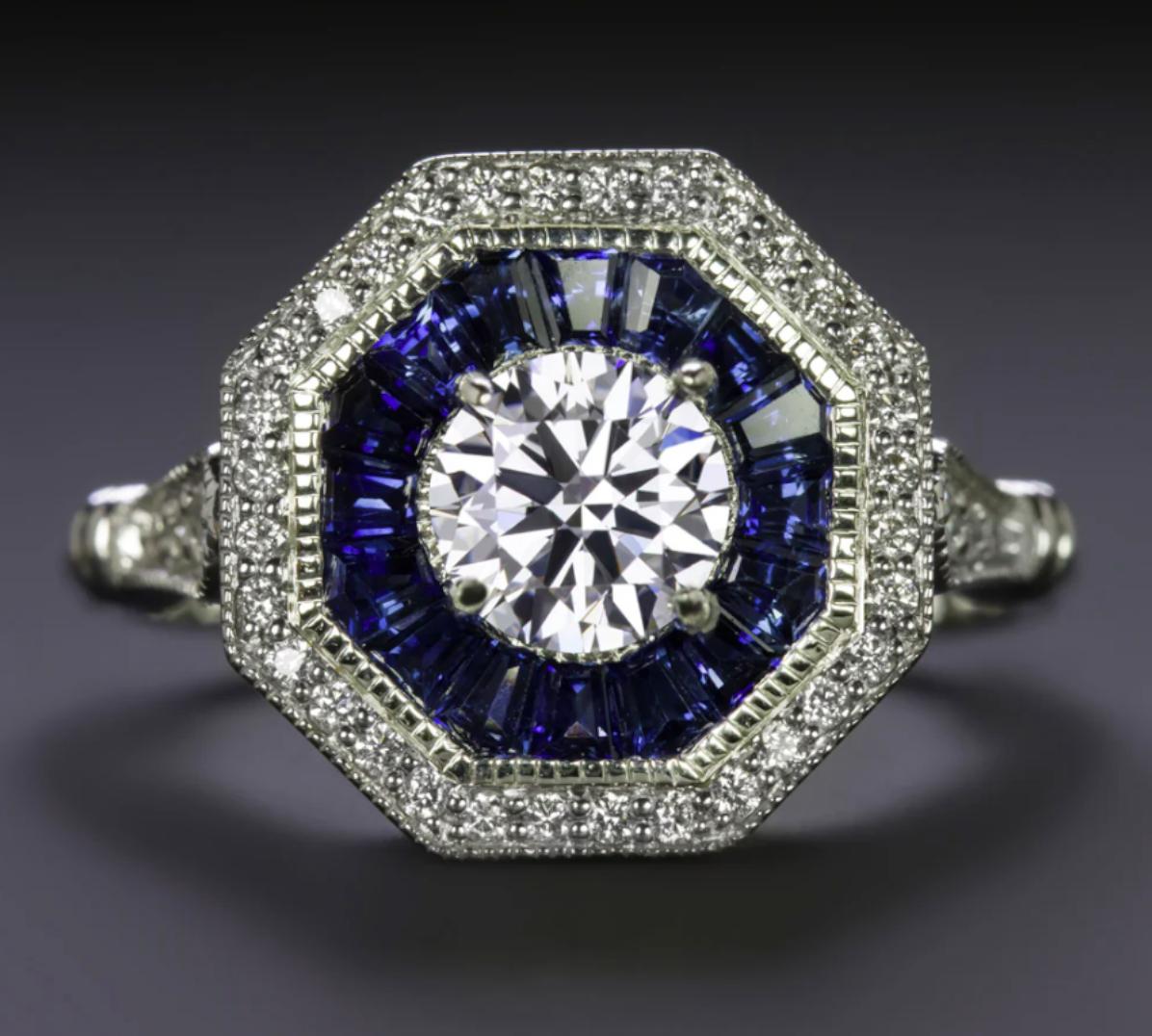 Art Déco Anello in platino con zaffiro e diamante certificato GIA in stile vintage in vendita