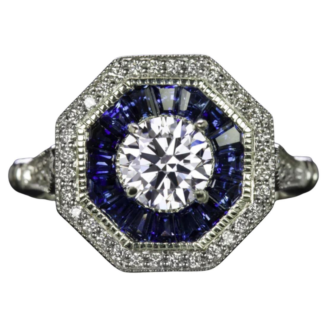 Vintage-Style GIA Certified Diamond Sapphire Platinum Ring