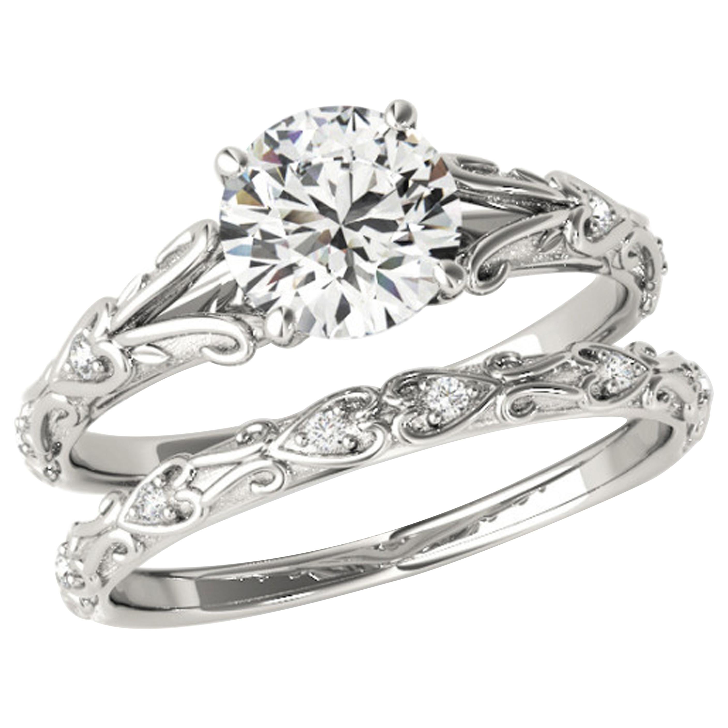 Vintage Style Forever Moissanite And Diamond Engagement Ring Set 18k White Gold For Sale