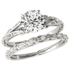 Vintage Style Forever Moissanite And Diamond Engagement Ring Set 18k White Gold