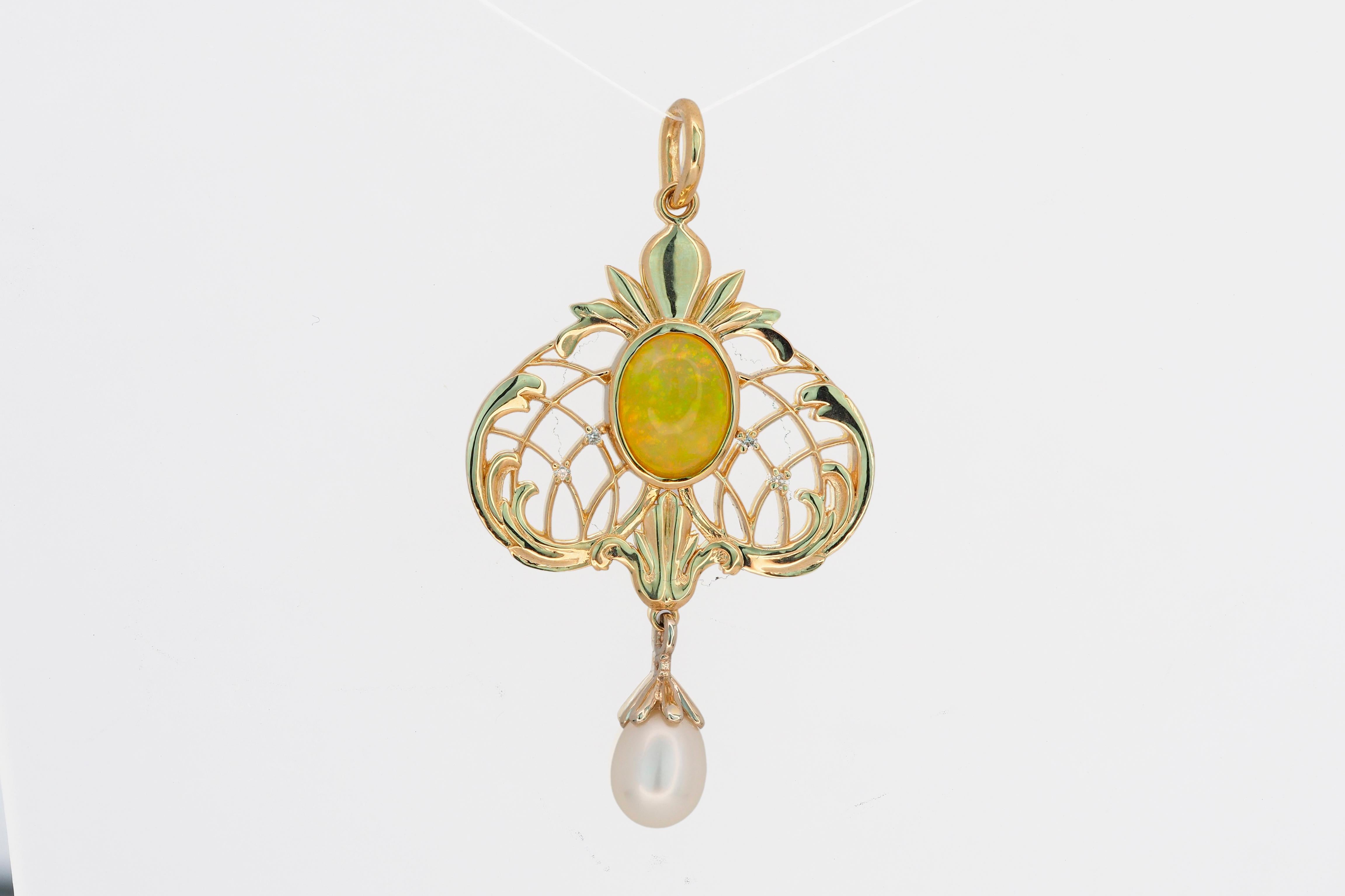 Modern Vintage style gold pendant with opal, pearl, diamonds. For Sale