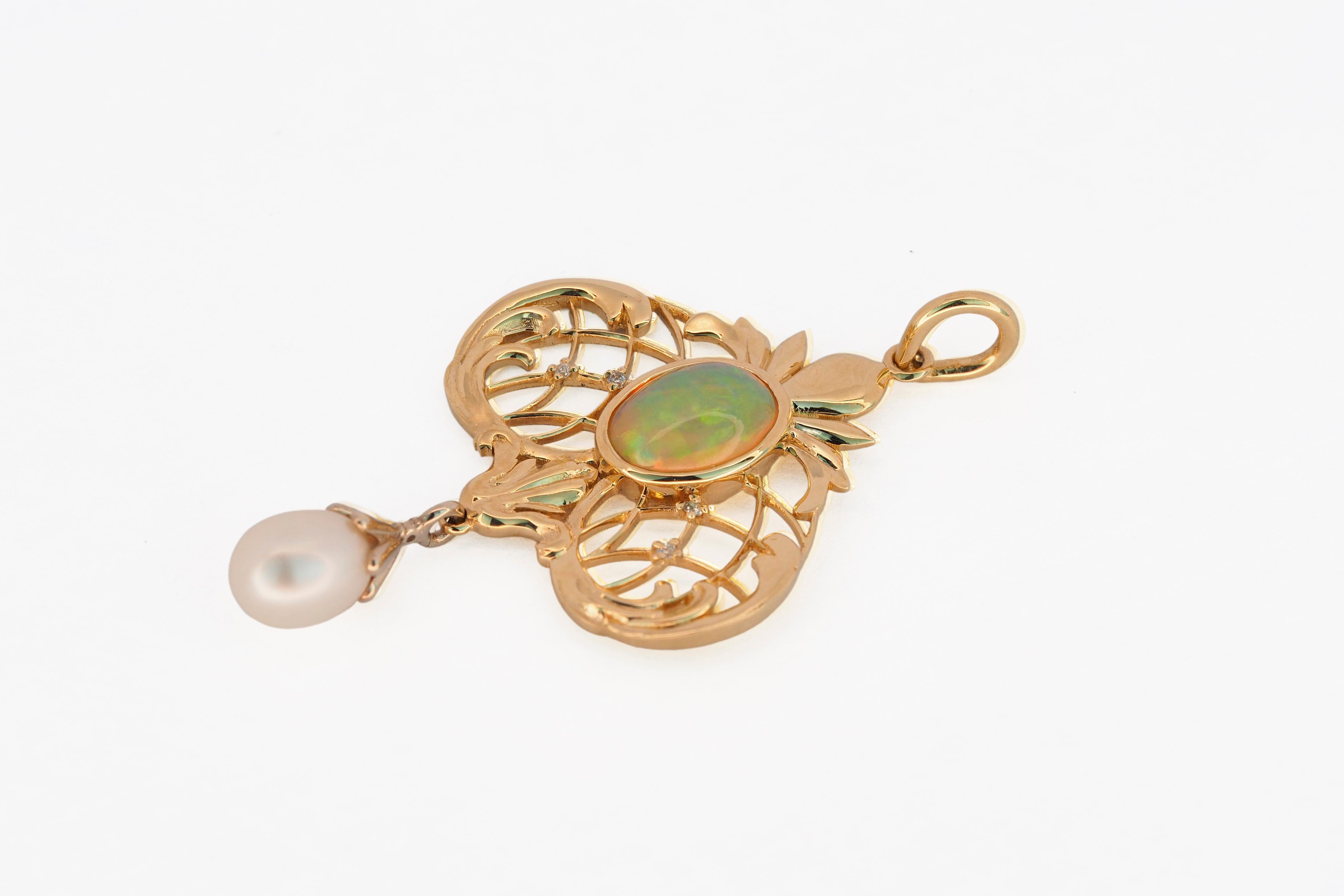 Women's Vintage style gold pendant with opal, pearl, diamonds. For Sale
