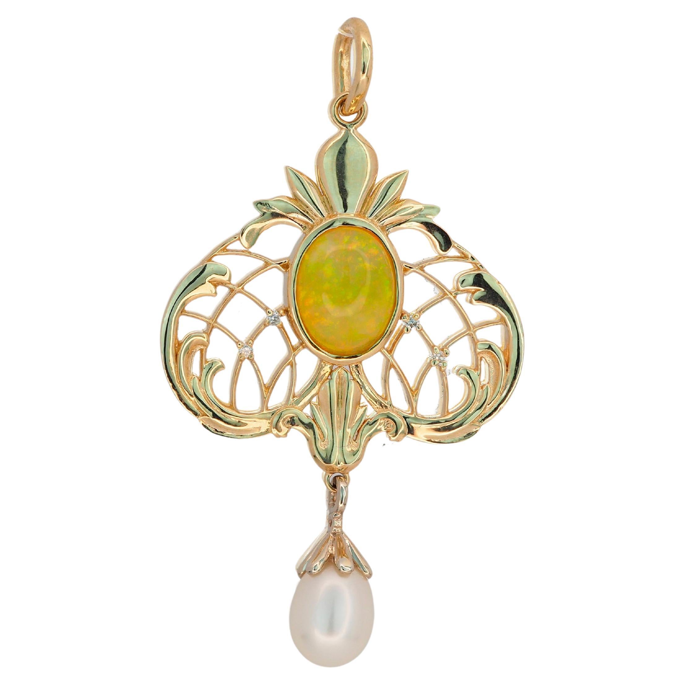 Vintage style gold pendant with opal, pearl, diamonds. For Sale