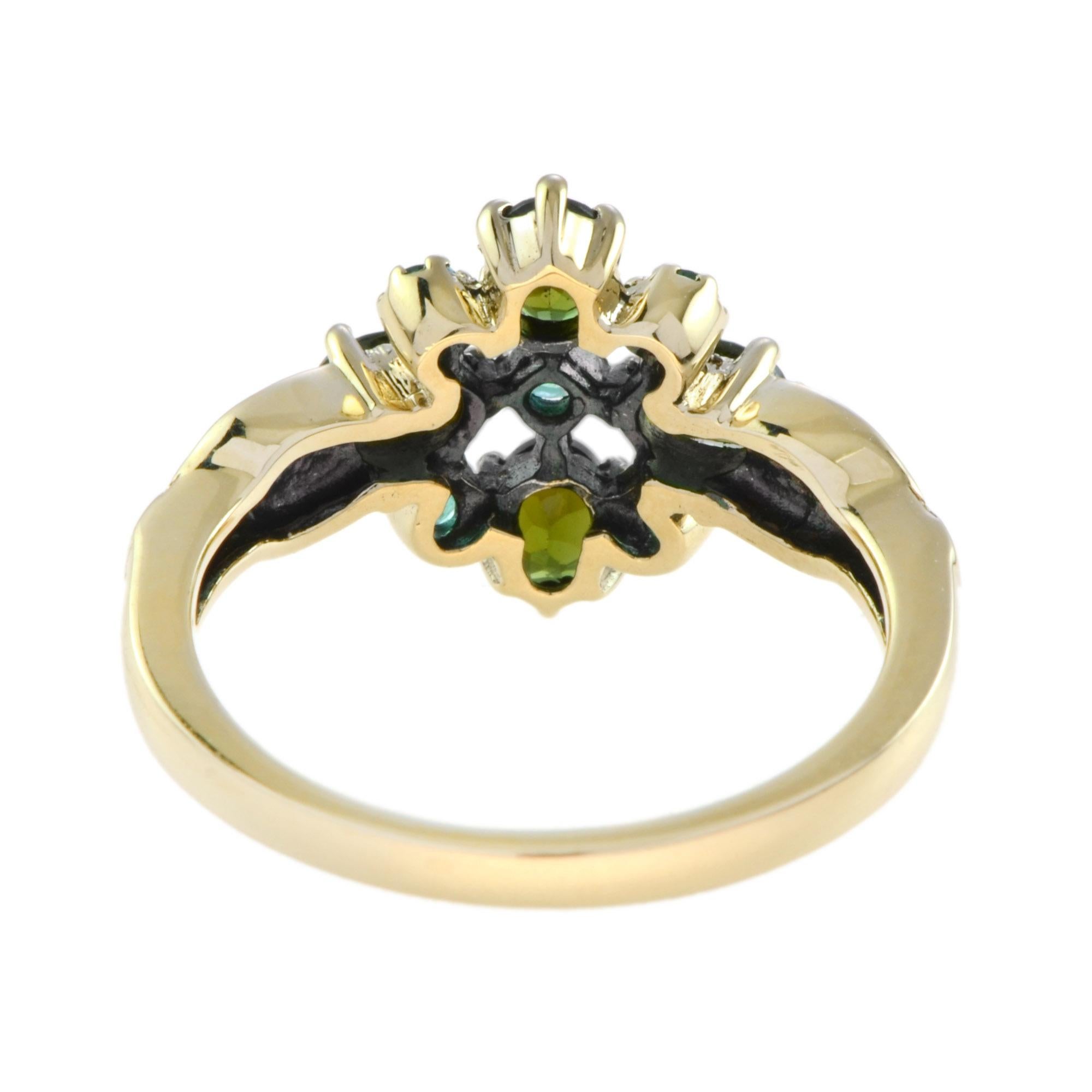 Women's Vintage Style Green Tourmaline and Emerald Cluster Ring in 9K Yellow Gold For Sale