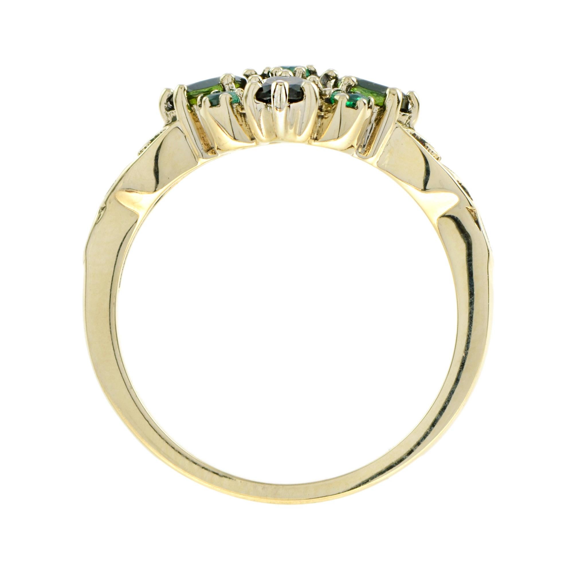 Vintage Style Green Tourmaline and Emerald Cluster Ring in 9K Yellow Gold For Sale 1